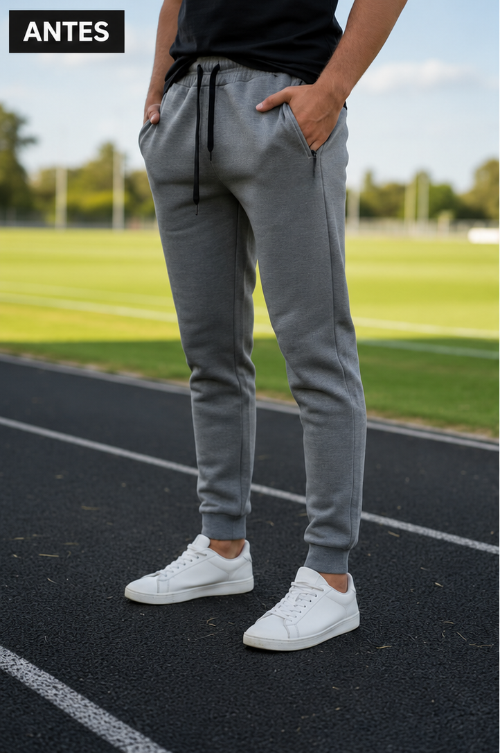 Antes: jogging tradicional de calce ajustado