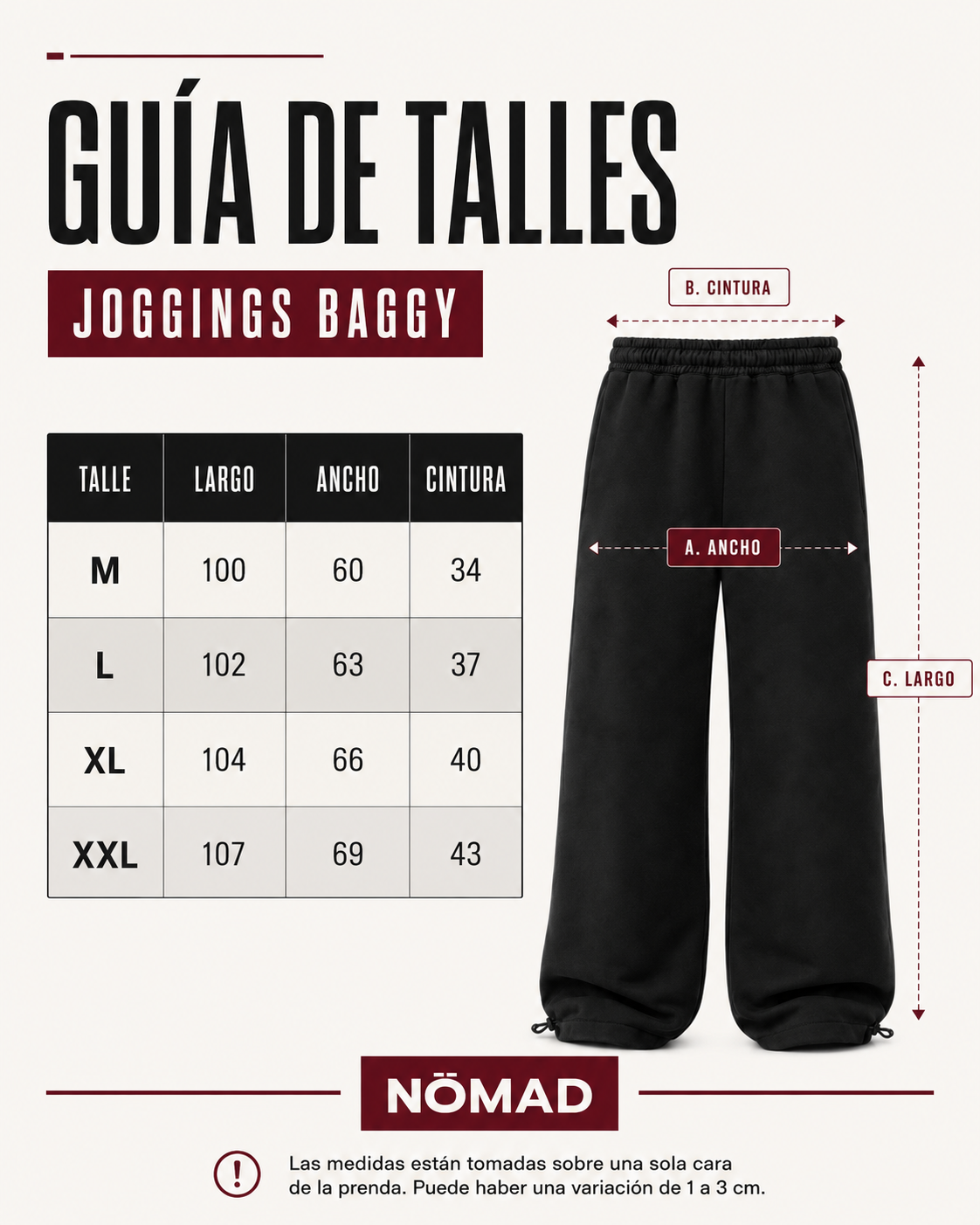 Guía de talles de joggings baggy NÖMAD con medidas de largo, ancho y cintura